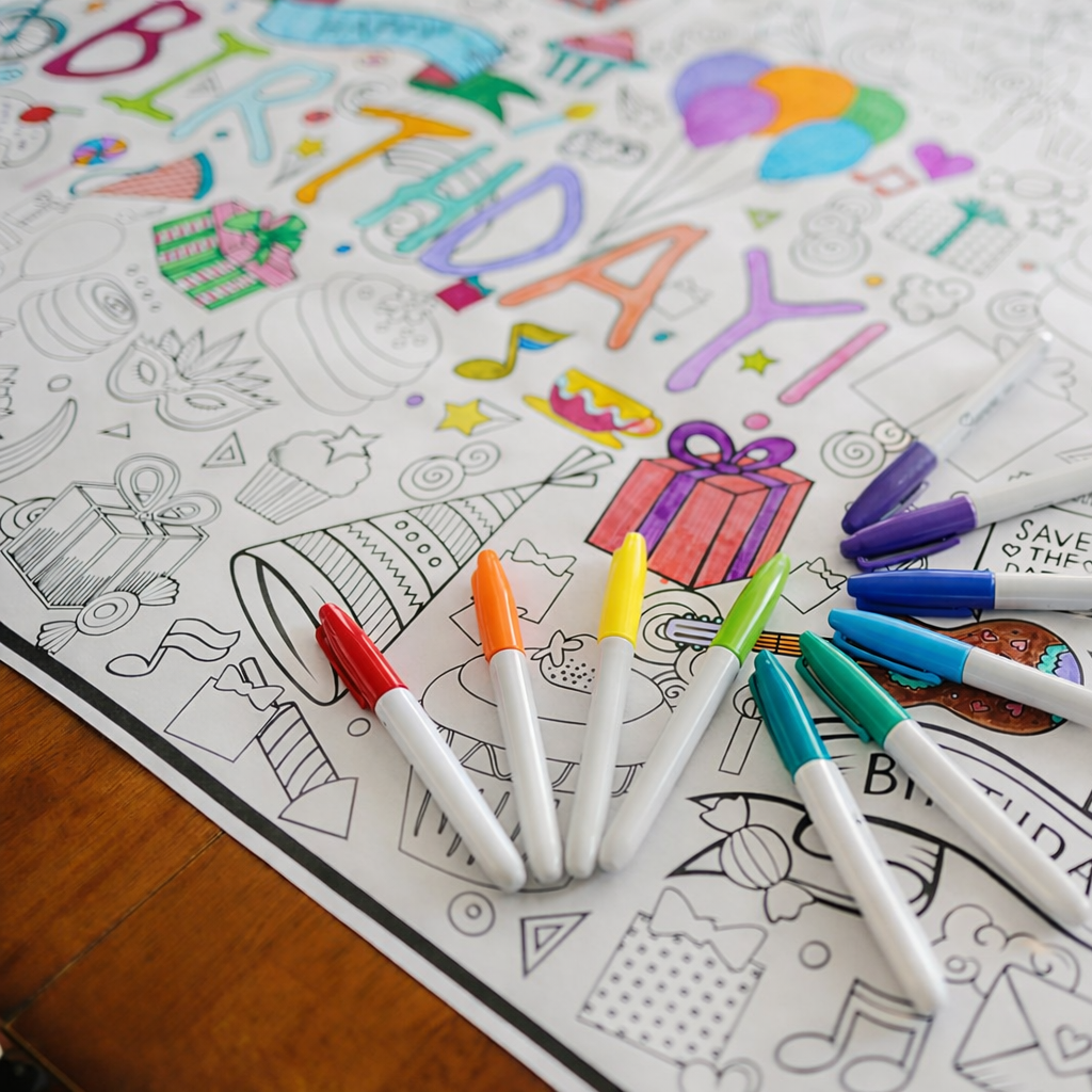 Coloring page with birthday theme and markers on a wooden surface