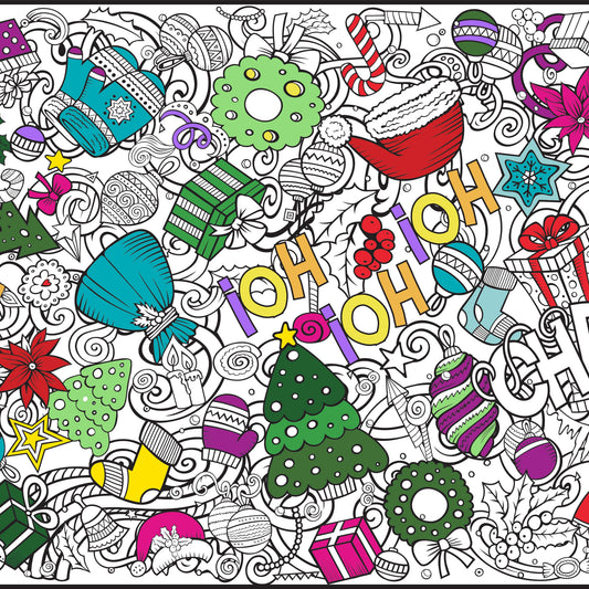 Colorful Christmas-themed poster with partially colored doodles on a white background
