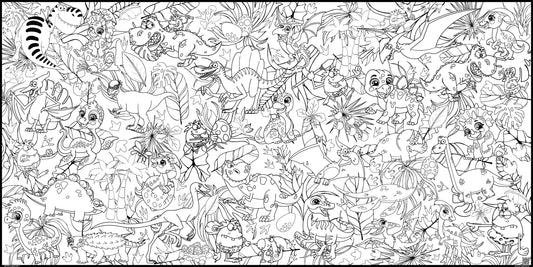 black and white image of a dinosaur coloring poster. Filled with dinosaurs, cave men, prehistoric plants and more