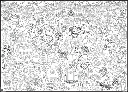 A black and white line art coloring page featuring an intricate collection of Day of the Dead (Día de los Muertos) illustrations, including sugar skulls, candles, flowers, marigolds, and hearts with Spanish text such as 'AMOR ETERNO' and 'LOVE YOU MAS'.