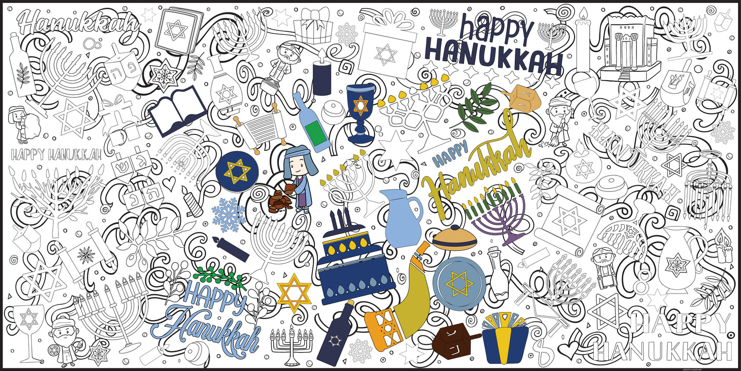 Black and white image with some colors of a Hanukkah coloring table banner