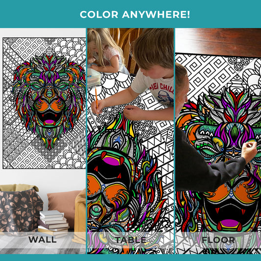 Lion Giant Coloring Poster- Large King of the Jungle Wall Art, Group Coloring Activity for Kids, Families & Classrooms