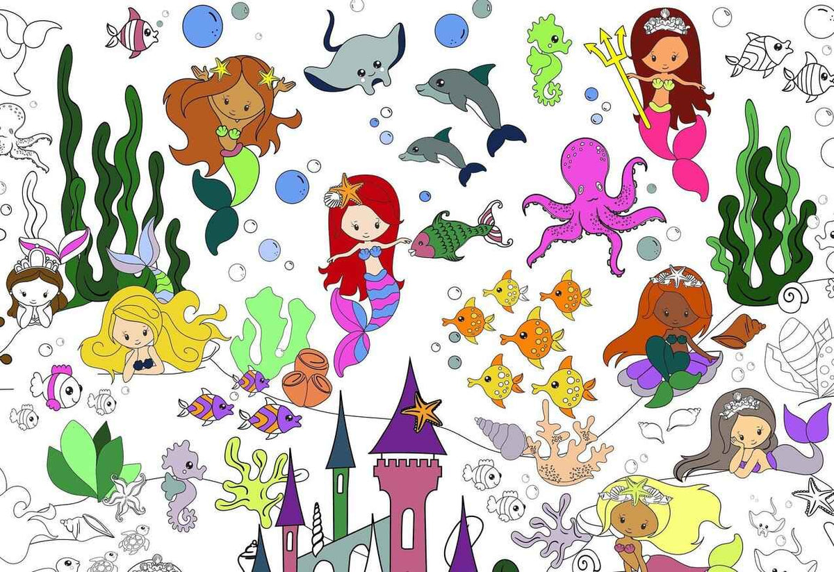 Giant Mermaid Group Coloring Poster | Huge Fantasy Coloring Wall Art