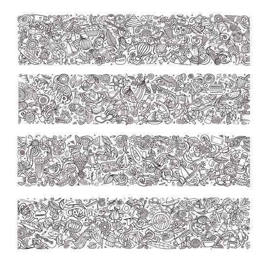 Summer coloring roll cut into 4 sections so viewer can see all 18 feet in one place. Graphics are black and white and consist of summer themed images.