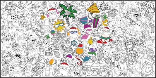 Large Tropical Christmas Coloring Banner | Santa Surfing Poster