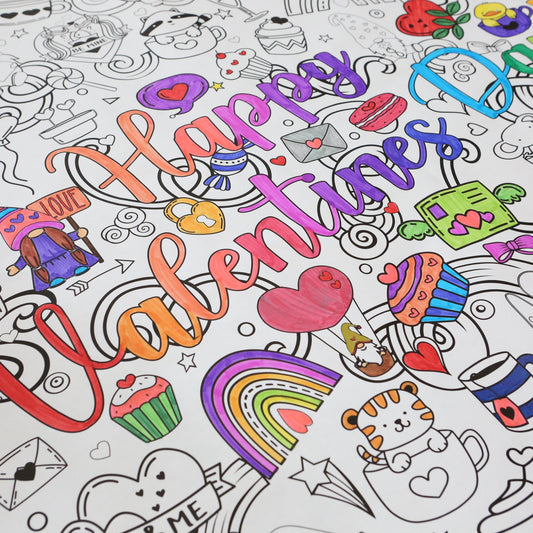 valentines day coloring poster partially colored with bright fun colors.