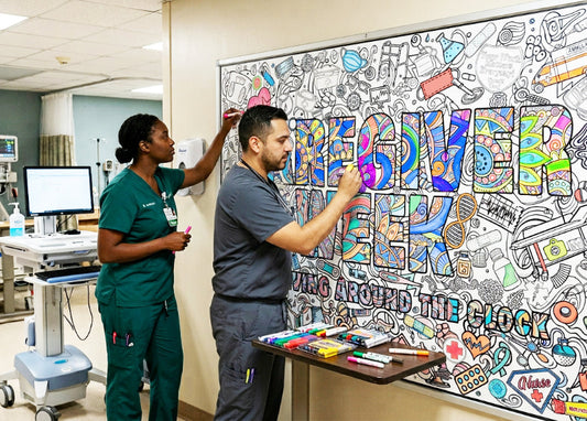 Two healthcare workers interacting with a coloring poster to celebrate Caregiver week in a hospital setting.