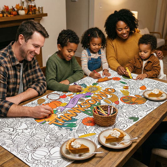 Family of 5 sitting around a thanksgiving table coloring together while eating pie