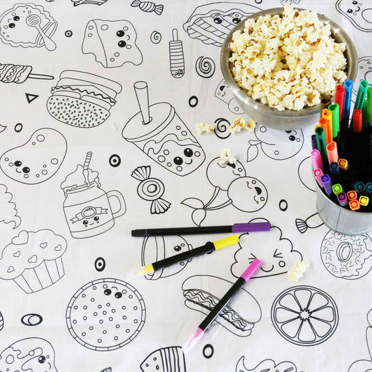 Fun Food Washable Fabric Coloring Tablecloth | Reusable Art Activity