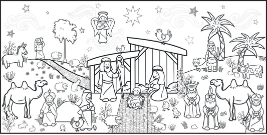 Large black and white nativity coloring sheet