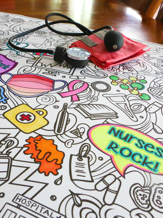 A nurses rock coloring poster with blood pressure cuff