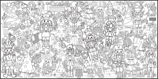 black and white image of Christmas Nutcracker coloring banner and poster with images of nutcrackers, christmas trees, candy canes, wreaths, ornament and more.
