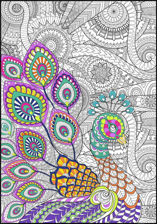 Giant Peacock Coloring Poster | Detailed Table Sized Coloring Page