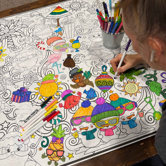 Large Tropical Christmas Coloring Banner | Santa Surfing Poster
