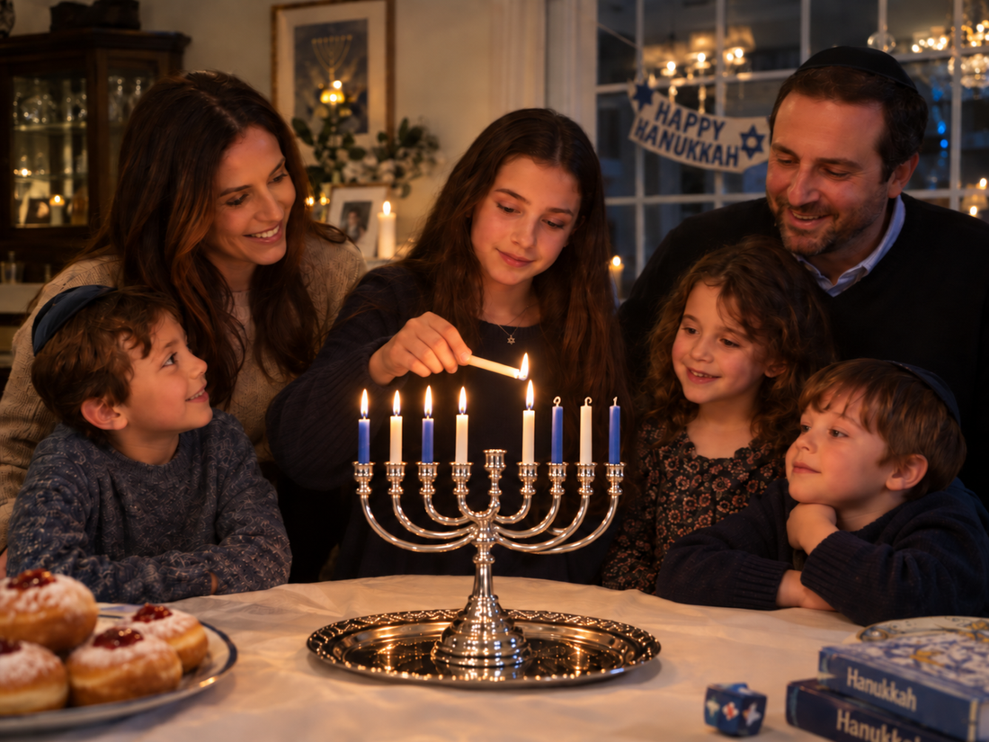 A jewish family is gathered around a silver menorah at Hanukkah.  A mother, father, 2 young boys and 2 girls.  The oldest girl is lighting the 5th candle on the menorah.