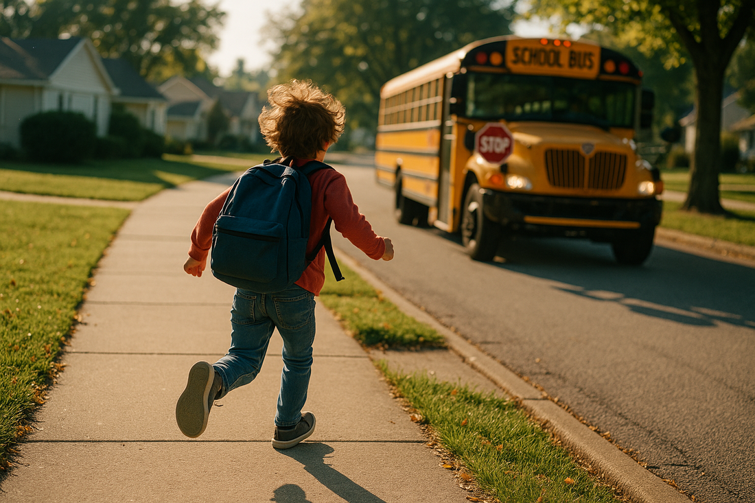a young child wearing a back pack is running toward the school bus that is parked and waiting for him on a sunny suburban street.