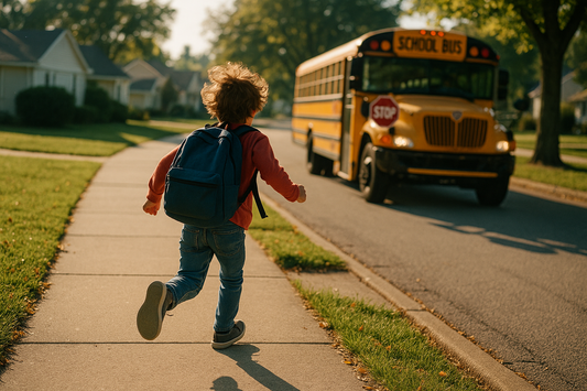 a young child wearing a back pack is running toward the school bus that is parked and waiting for him on a sunny suburban street.