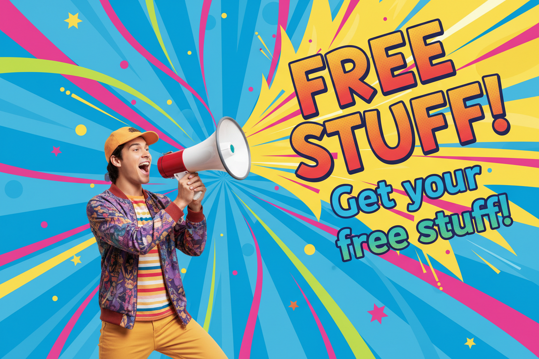 an image of a man in bright clothing shouting into a megaphone.  The background is blue with pink, green, and yellow ribbon-like graphics.  There are words coming from the megaphone that say FREE STUFF!  Get your free stuff!