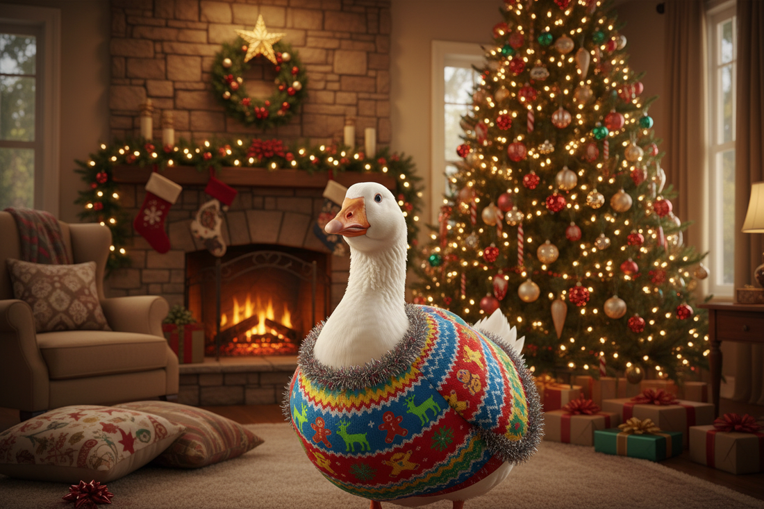 A fat goose in a living room decorated with a Christmas tree