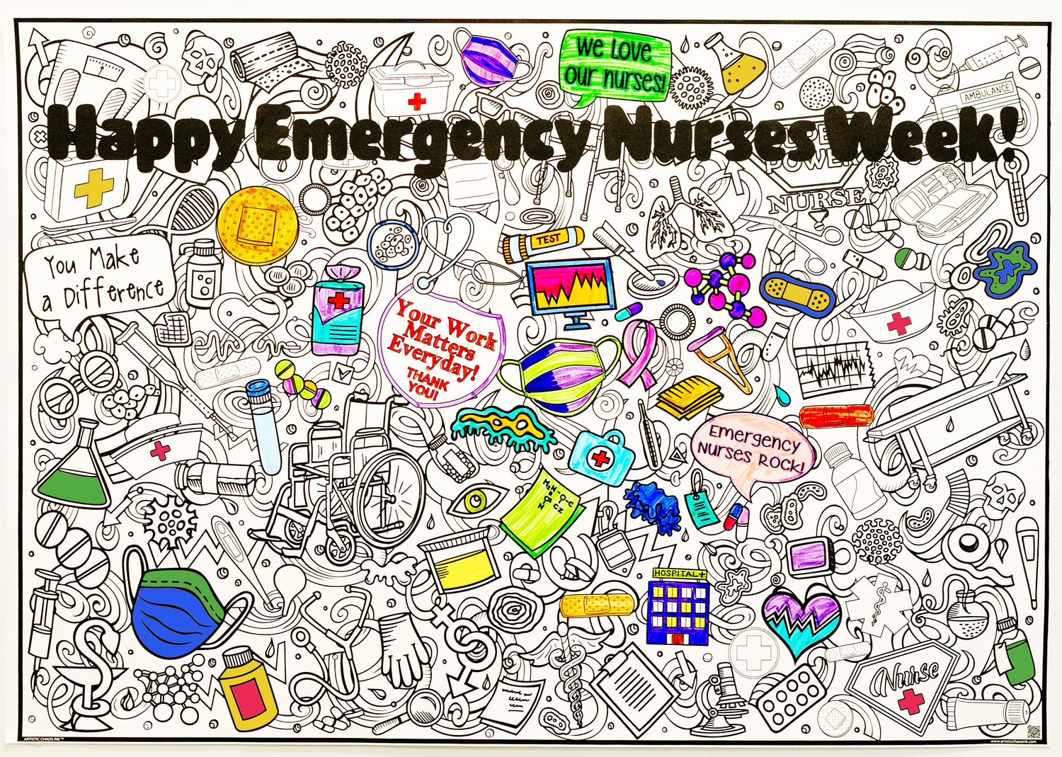 Happy Emergency Nurses Week Poster partially colored on a hospital wall.
