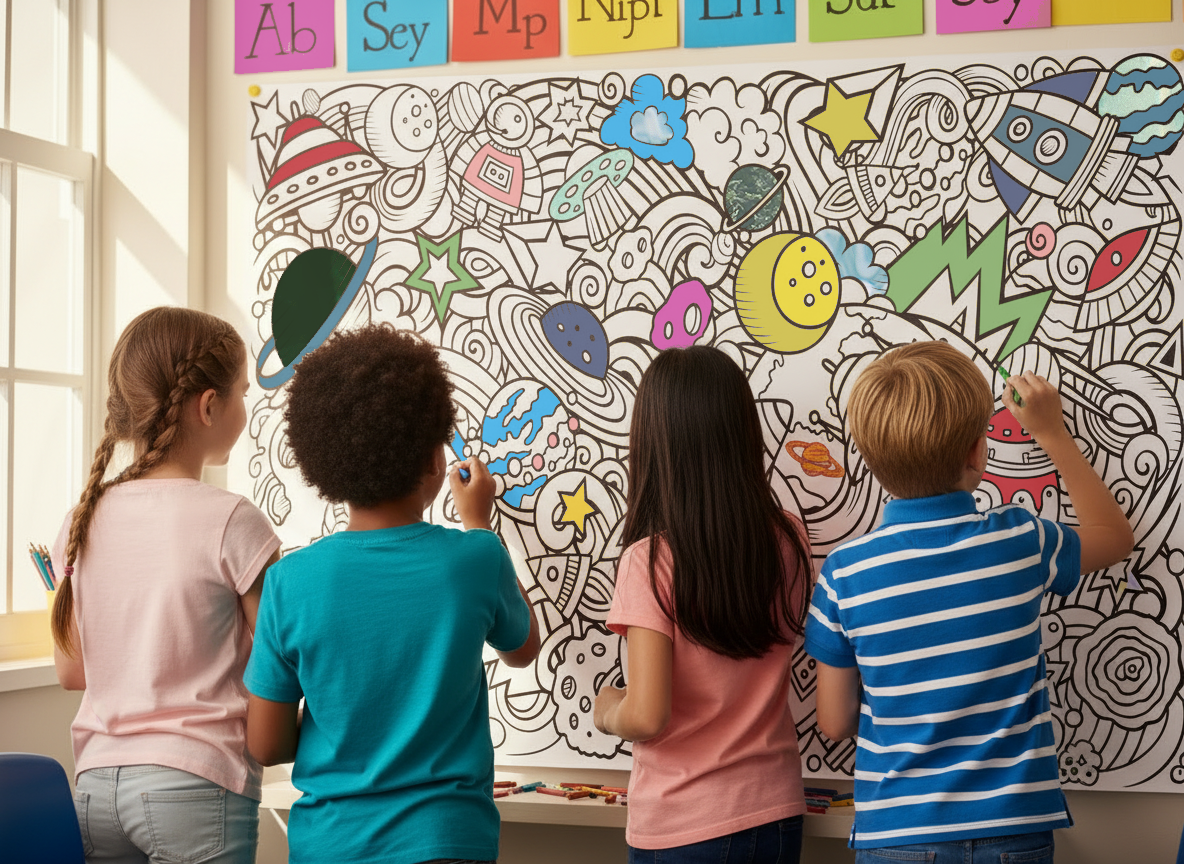 Children coloring a large space coloring wall poster with colorful planets, stars, the moon, and letters.