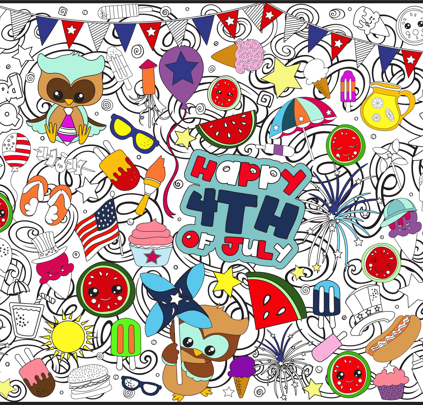 Colorful 'Happy 4th of July' design with various icons and text on a white background.