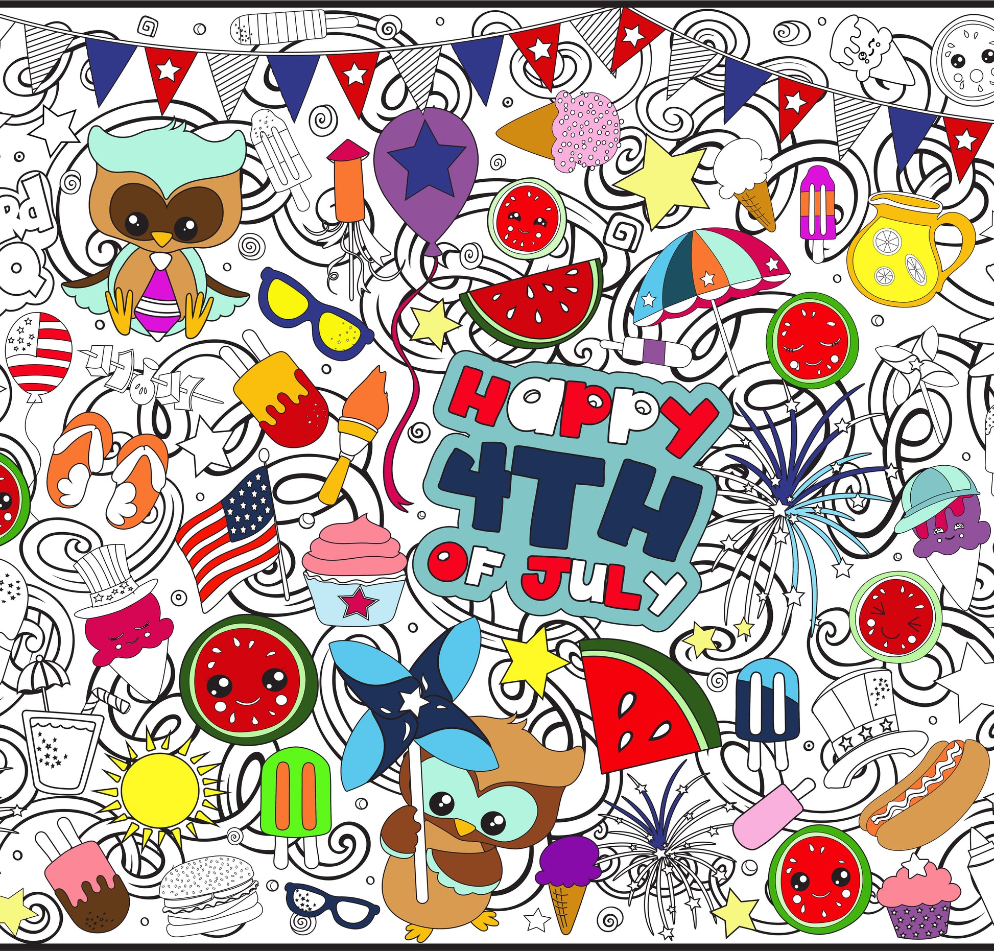 Colorful 'Happy 4th of July' design with various icons and text on a white background.