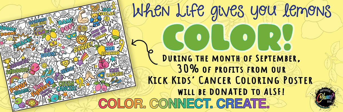 Promotional banner for a cancer coloring poster, featuring a sample of the colorful illustrated poster on the left, large green text reading 'COLOR!' on the right, and the phrase 'When life gives you lemons' at the top. A small circular logo for 'The Dreamin' Company' appears in the bottom right corner.
