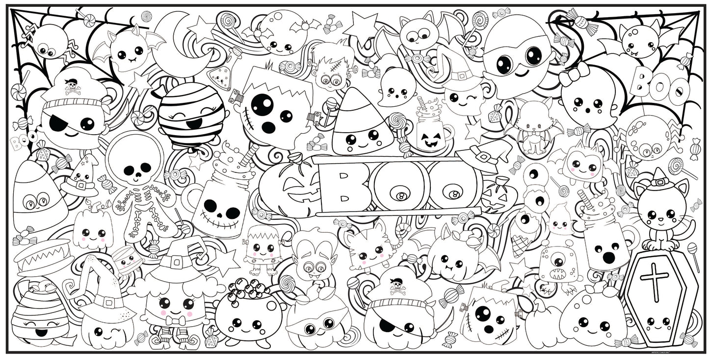 black and white graphic of boo babies coloring banner that has ghosts, skeletons, monsters, candy corn, mummies, pumpkins, moons, spiders and more
