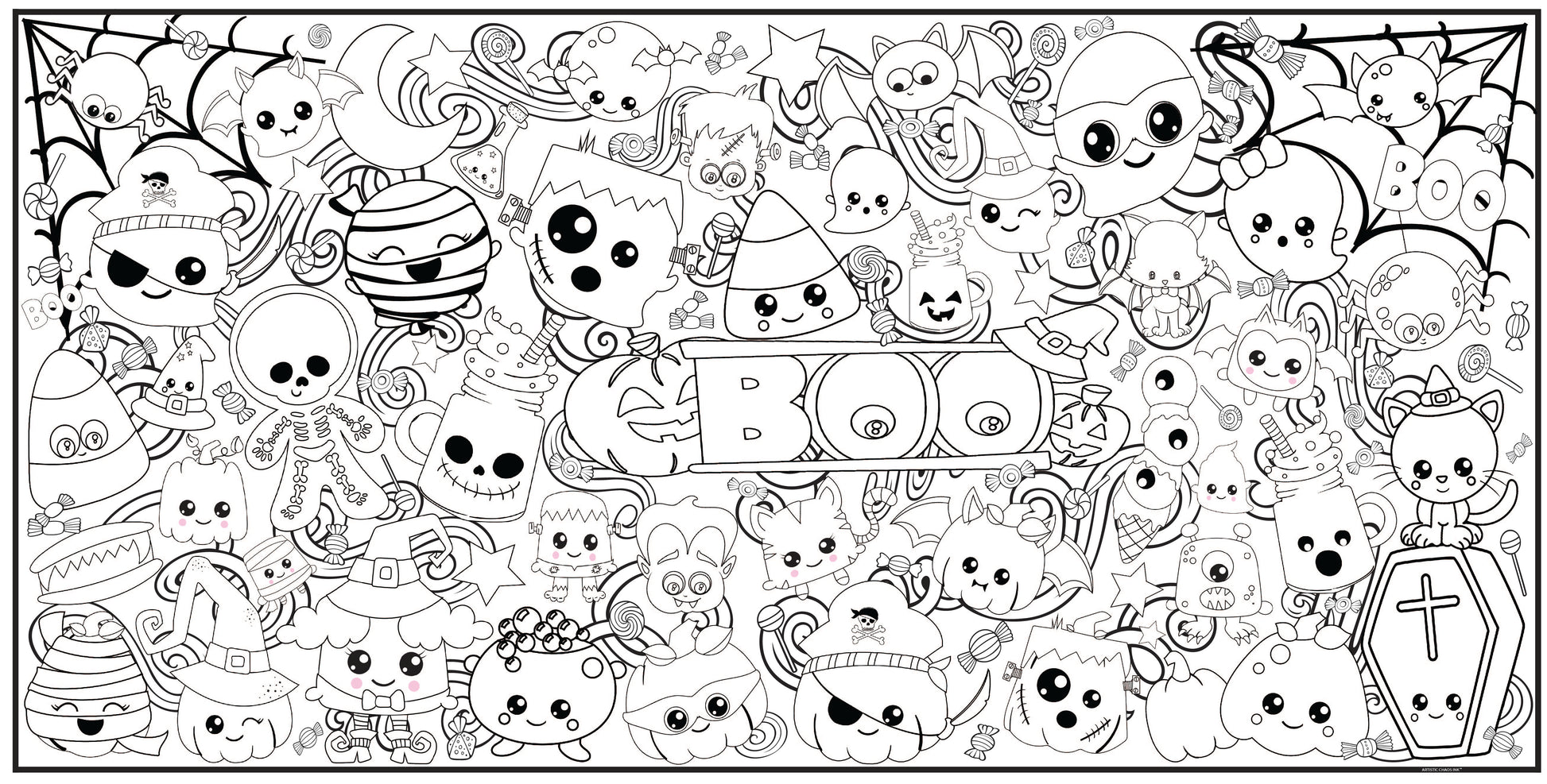 black and white graphic of boo babies coloring banner that has ghosts, skeletons, monsters, candy corn, mummies, pumpkins, moons, spiders and more