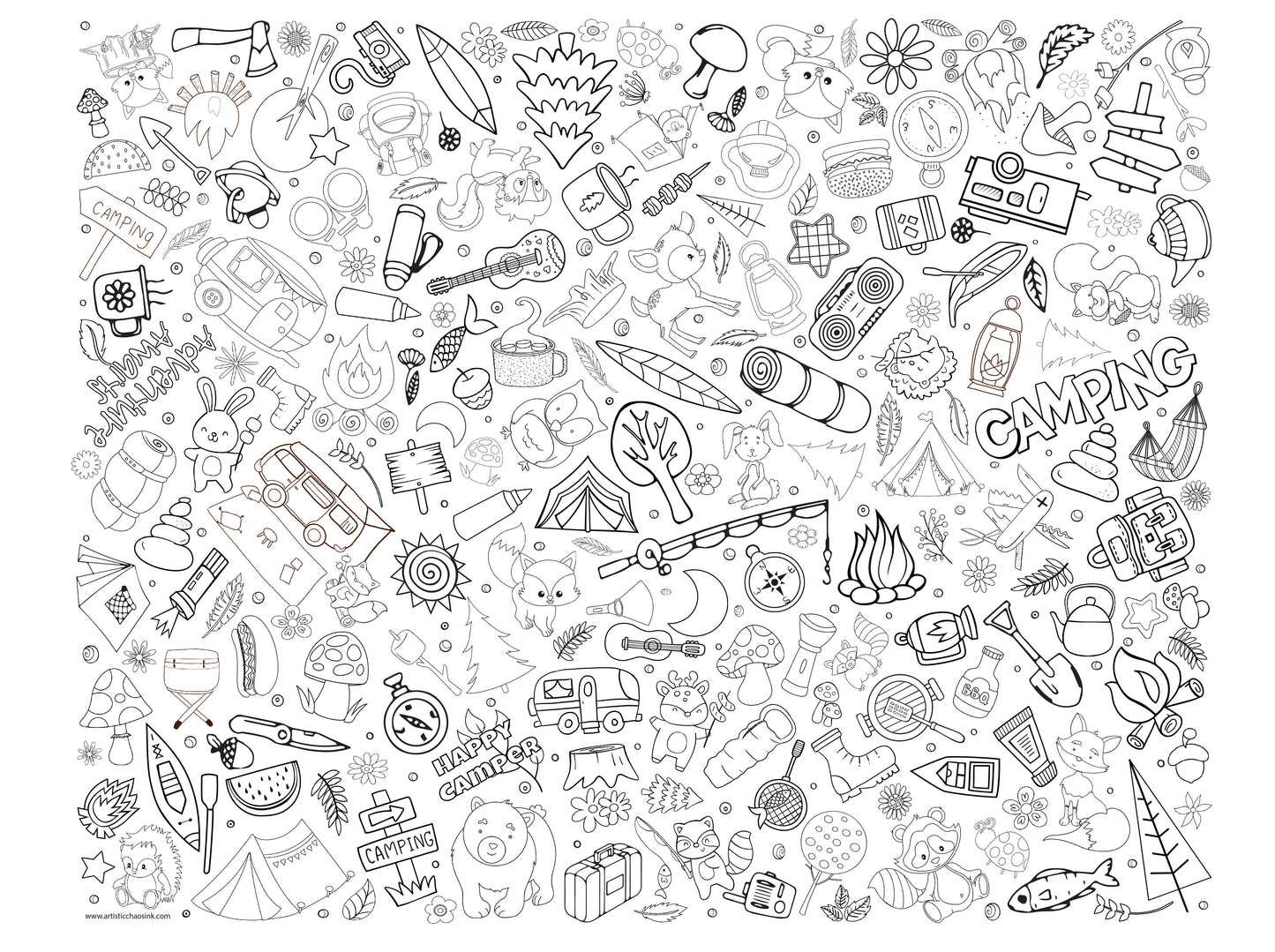 Black and White graphic of Artistic Chaos Inks Camping Coloring tablecloth. Graphics include forest animals, camping gear, tents and trailers, trees, flowers and food. 