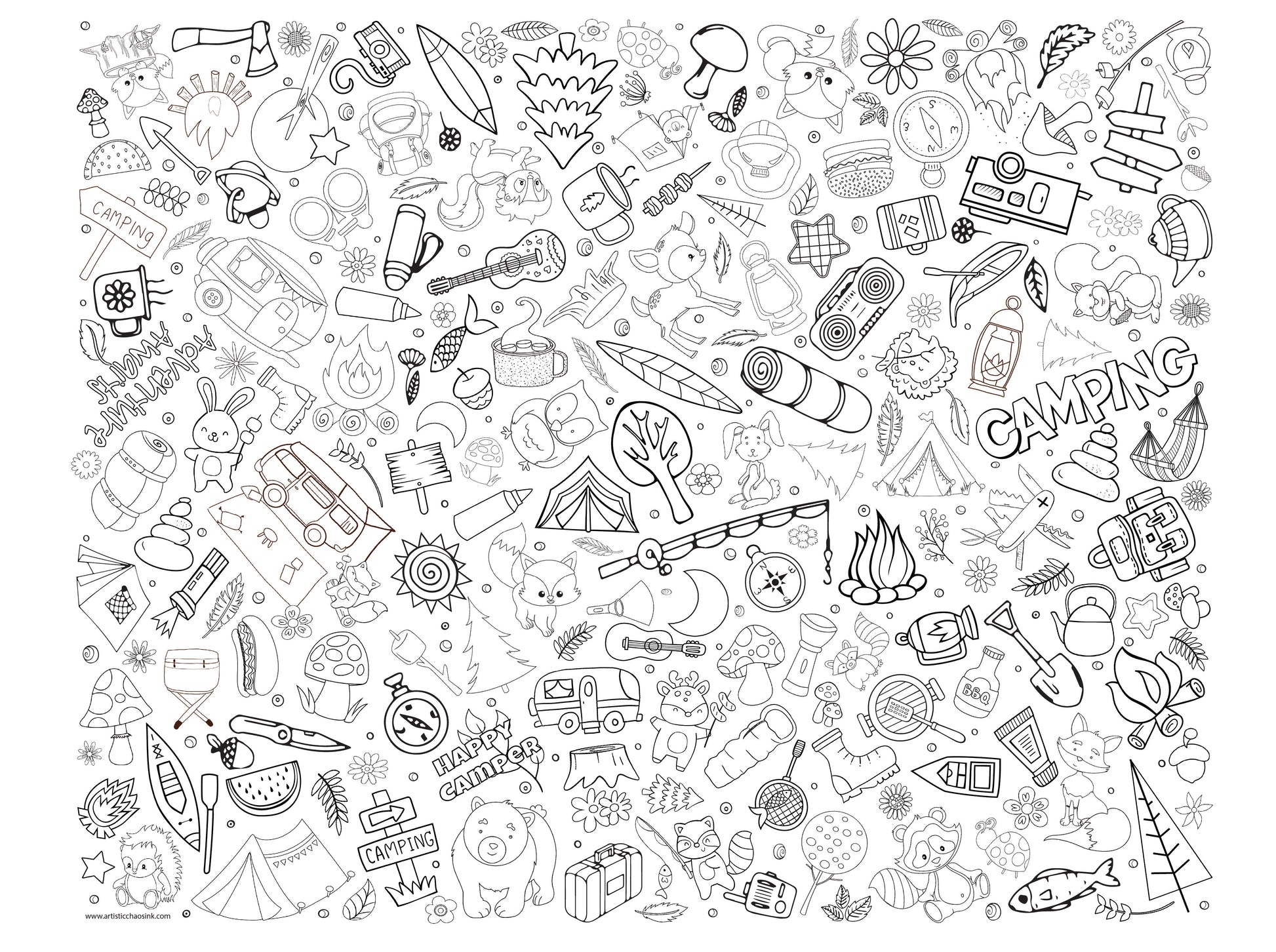 Black and White graphic of Artistic Chaos Inks Camping Coloring tablecloth. Graphics include forest animals, camping gear, tents and trailers, trees, flowers and food. 