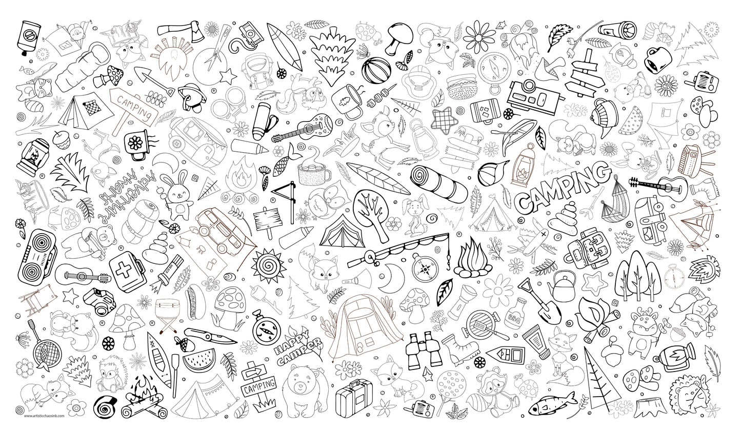 A black and white graphic of Artistic Chaos Inks Camping Coloring Tablecloth.