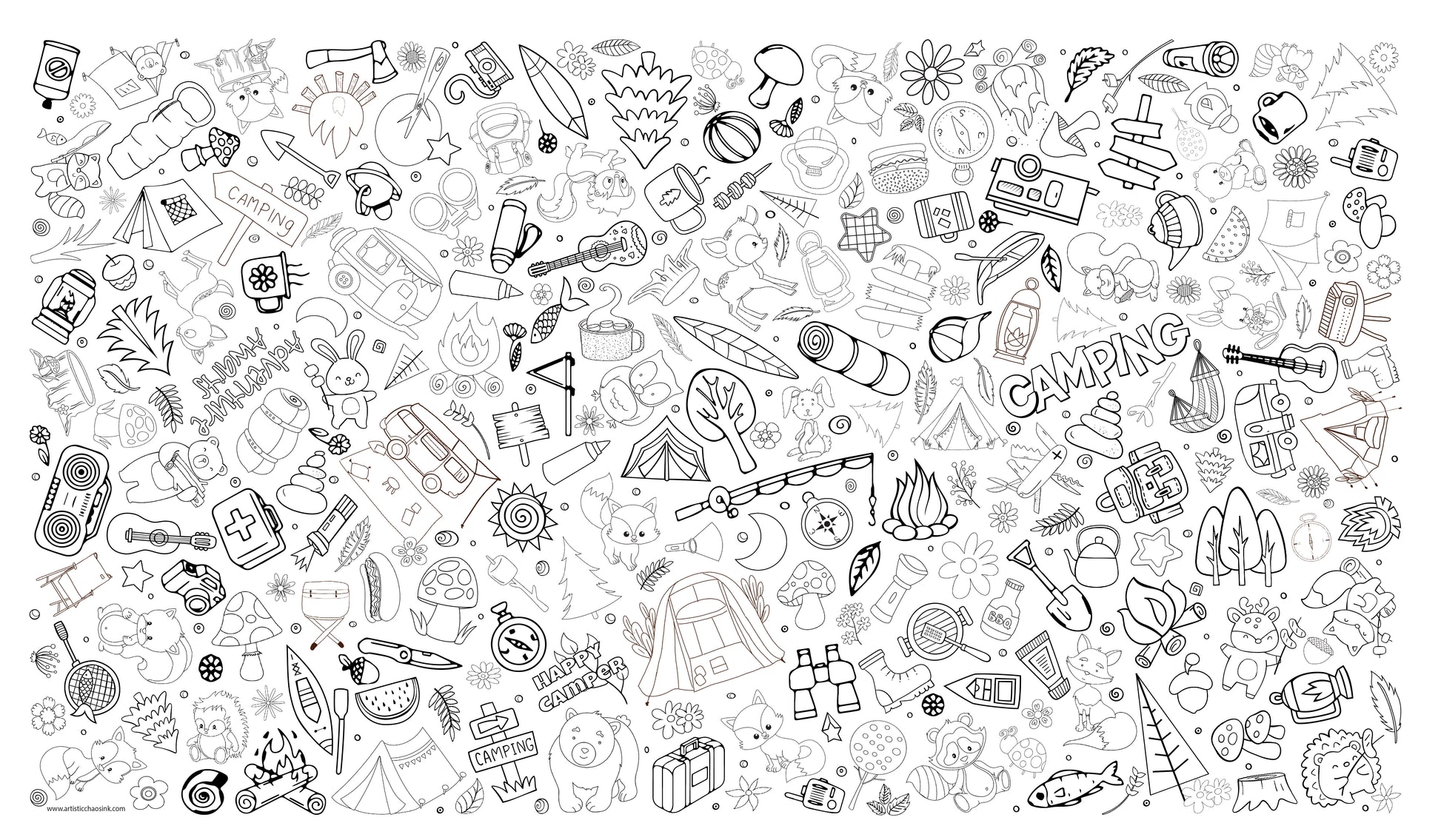 A black and white graphic of Artistic Chaos Inks Camping Coloring Tablecloth.