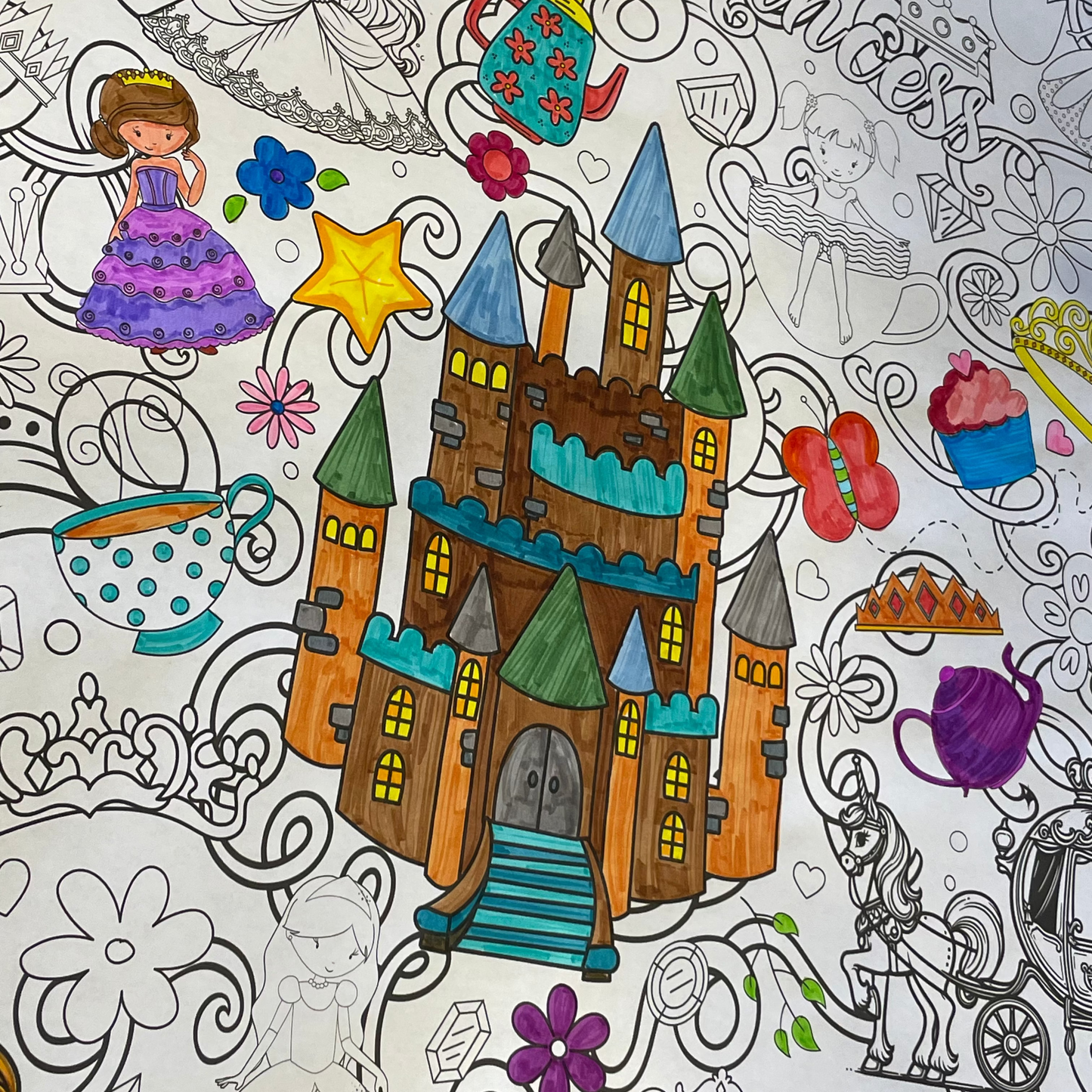 Coloring book page with a princess, castle, and various elements to color.