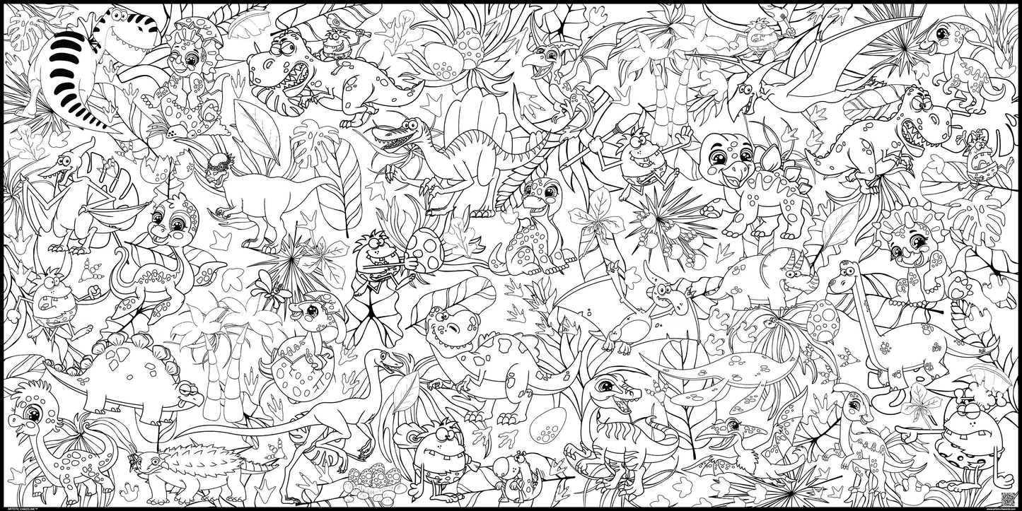 black and white image of a dinosaur coloring poster. Filled with dinosaurs, cave men, prehistoric plants and more