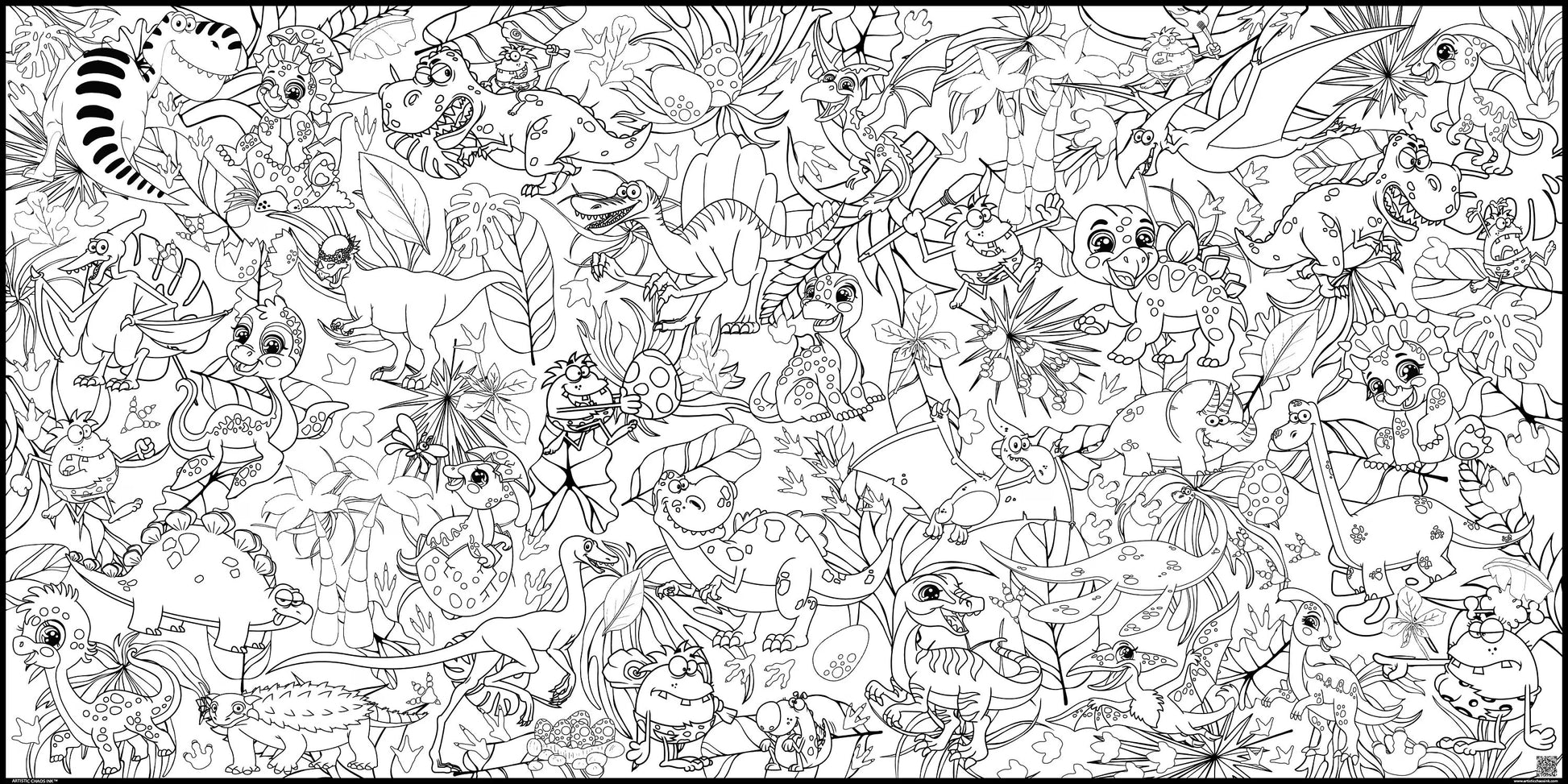 black and white image of a dinosaur coloring poster. Filled with dinosaurs, cave men, prehistoric plants and more
