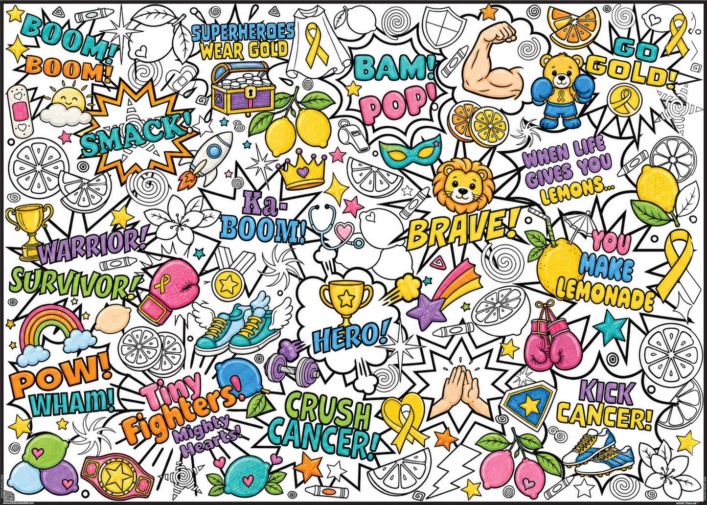 Kick Kids' Cancer Coloring Poster. A dense, colorful doodle-style graphic filled with motivational words like BOOM, BAM!, SMACK, WARRIOR, HERO, BRAVE, and YOU MAKE LEMONUS, plus illustrated elements such as trophies, stars, hearts, lemons, rainbows, and sports icons on a white background.