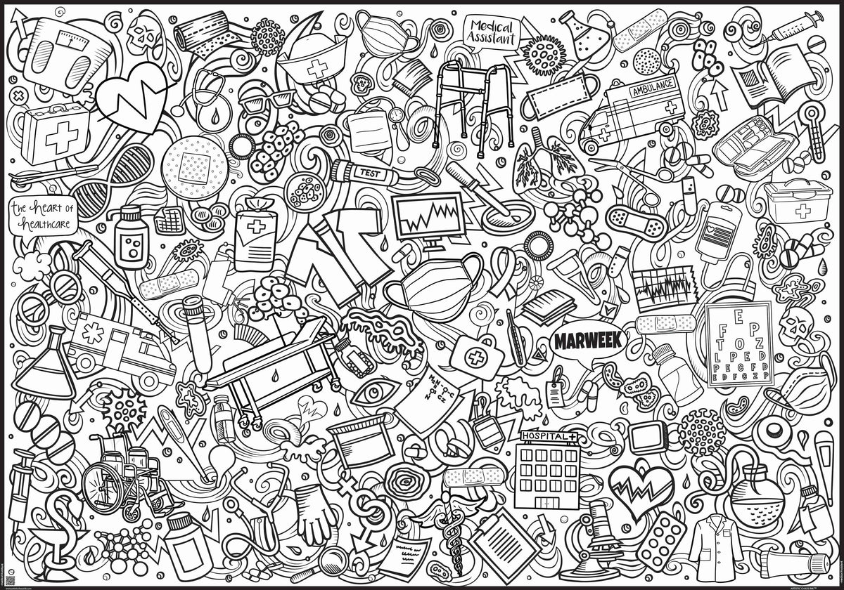 A giant coloring poster.  The poster features graphics and words related to the Medical Assistant profession.