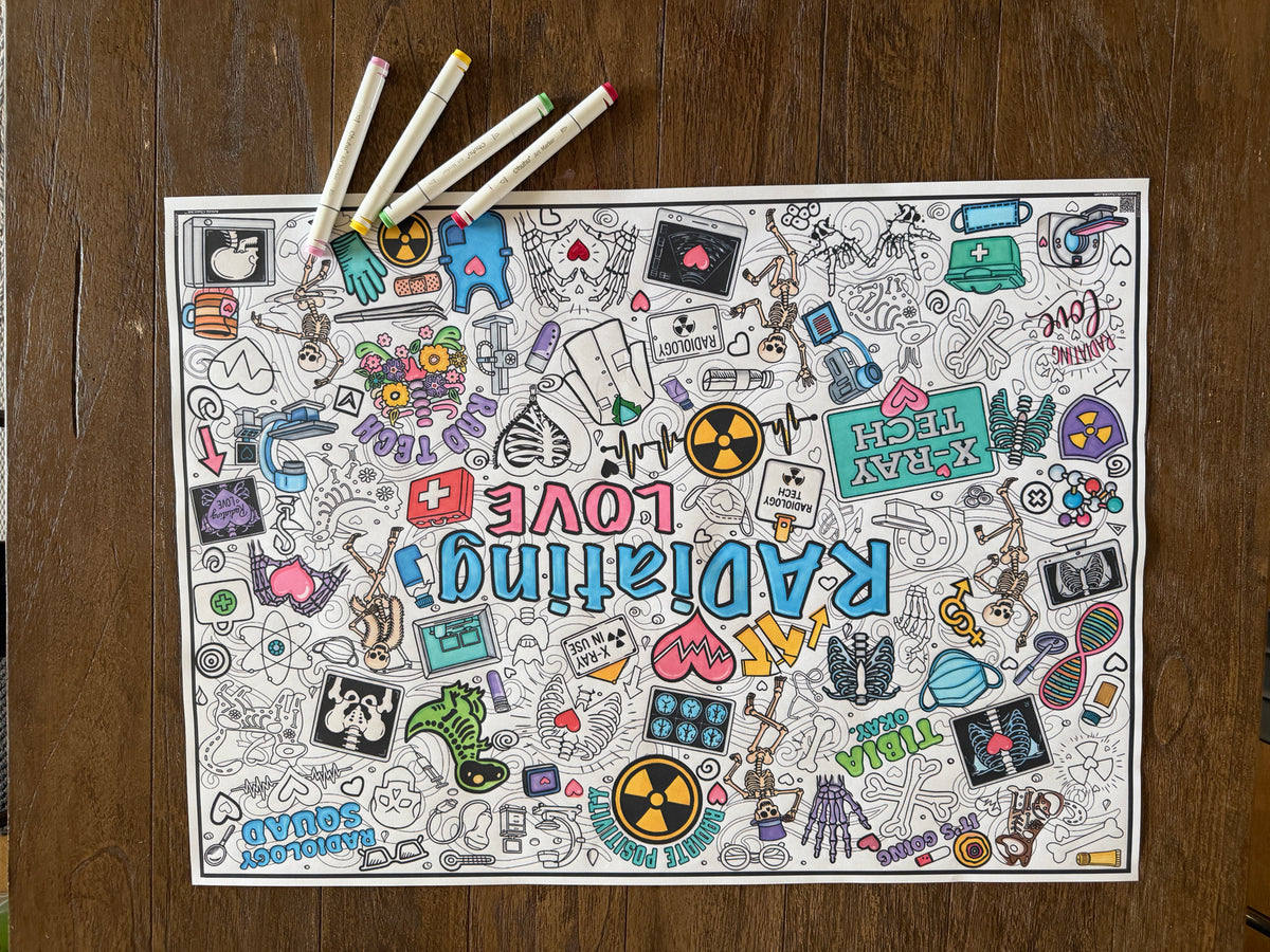 A square white art coloring poster featuring colorful doodle illustrations and the words 'Radiating Love' in large blue letters, placed on a dark wooden surface with three colored pencils resting on the top edge. Radiating Love coloring poster from Artistic Chaos Ink.