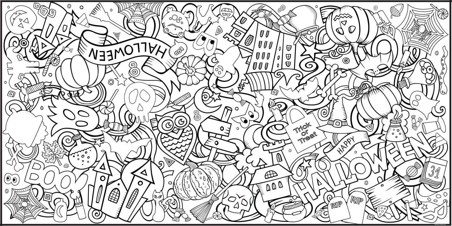 black and white graphic of a halloween themed coloring poster created by Artistic Chaos Ink.