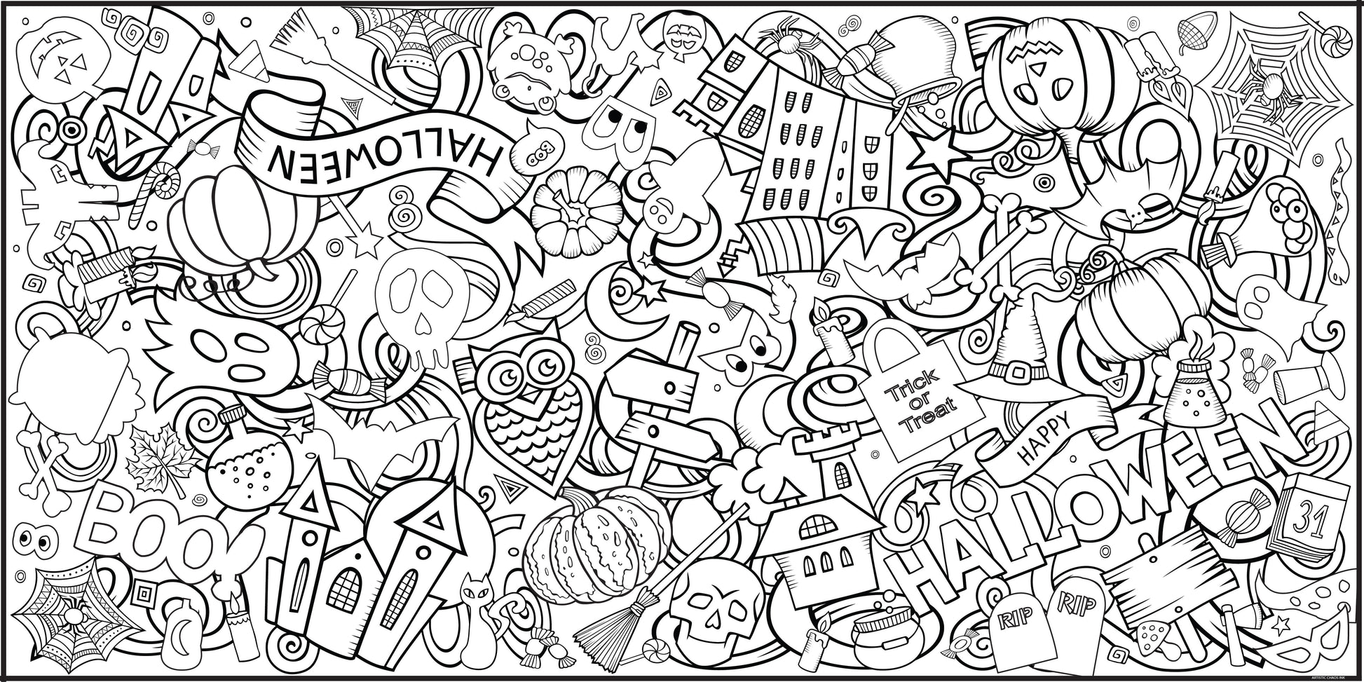 black and white graphic of a halloween themed coloring poster created by Artistic Chaos Ink.