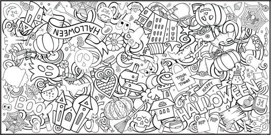 black and white graphic of a halloween themed coloring poster created by Artistic Chaos Ink.