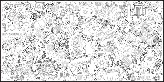 black and white image of a Hanukkah coloring poster by Artistic Chaos Ink