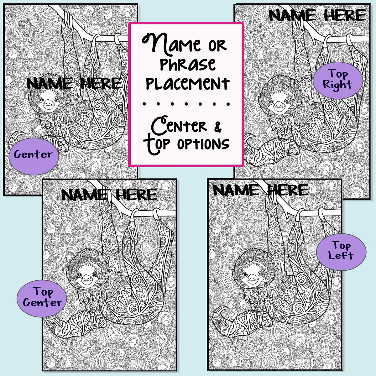 Infographic showing what the placement of different personalization options look like on a large coloring poster.  Options show Center, Top Right, Top Center, and Top Left.  Instructional words say, "Name or phrase placement...Center & Top Options.