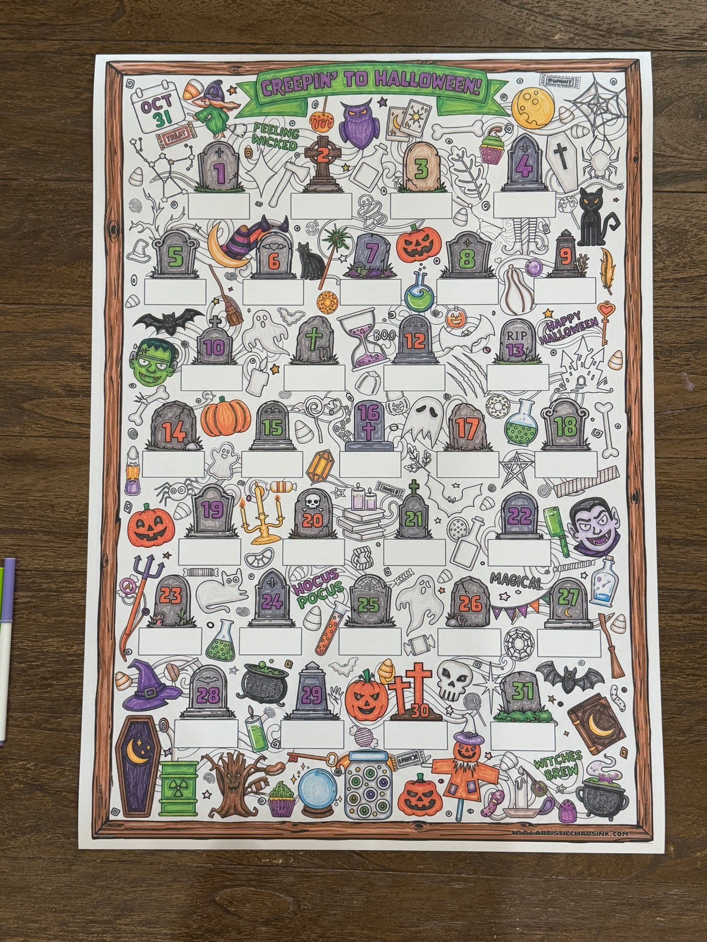 Halloween Countdown Coloring Poster DIY with Scratch-Off Stickers