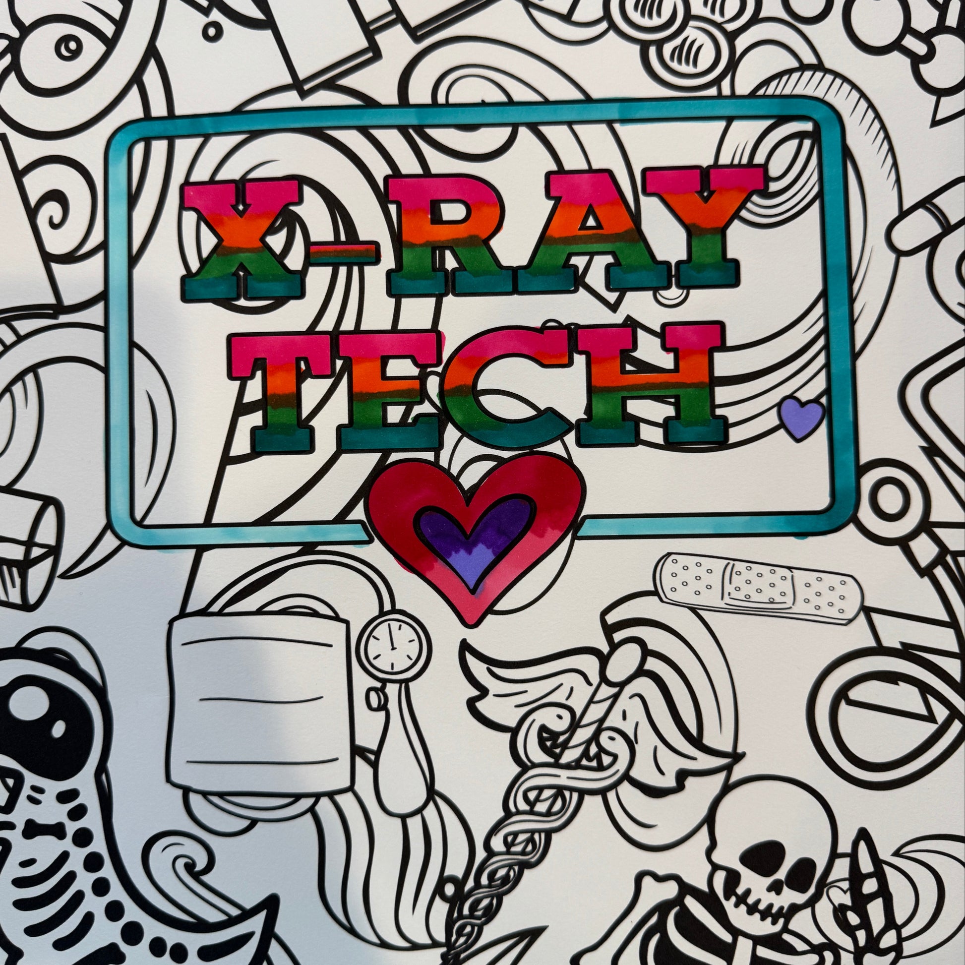 Colorful text 'X-RAY TECH' in a frame with a doodle background