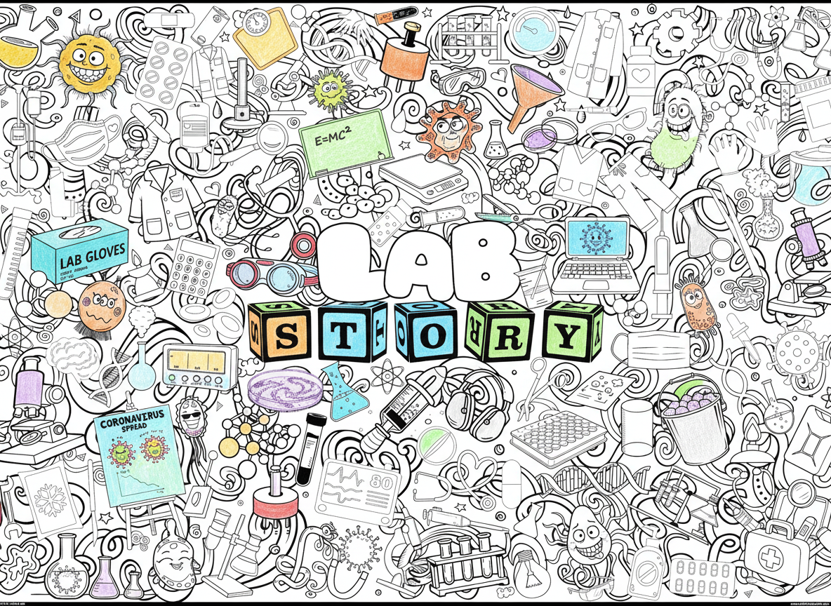 Colorful 'Lab Story' text surrounded by science-themed doodles on a white background