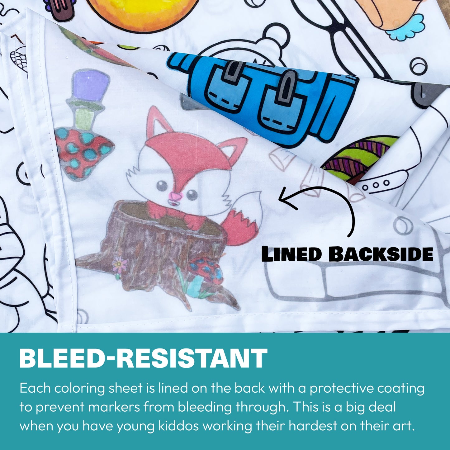 This shows an Artistic Chaos Ink fabric coloring tablecloth's lined backside. The tablecloth is colored and you can see the how it doesn't bleed through. 