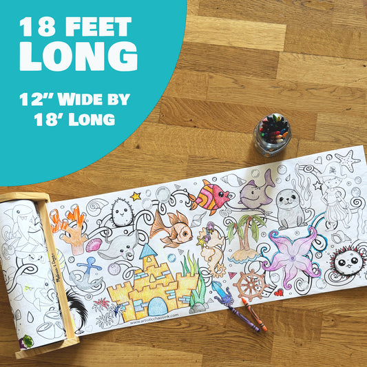 A partially-colored 18-foot long coloring roll and a box of crayons sit on the floor.  The coloring roll is Under the Sea-themed.